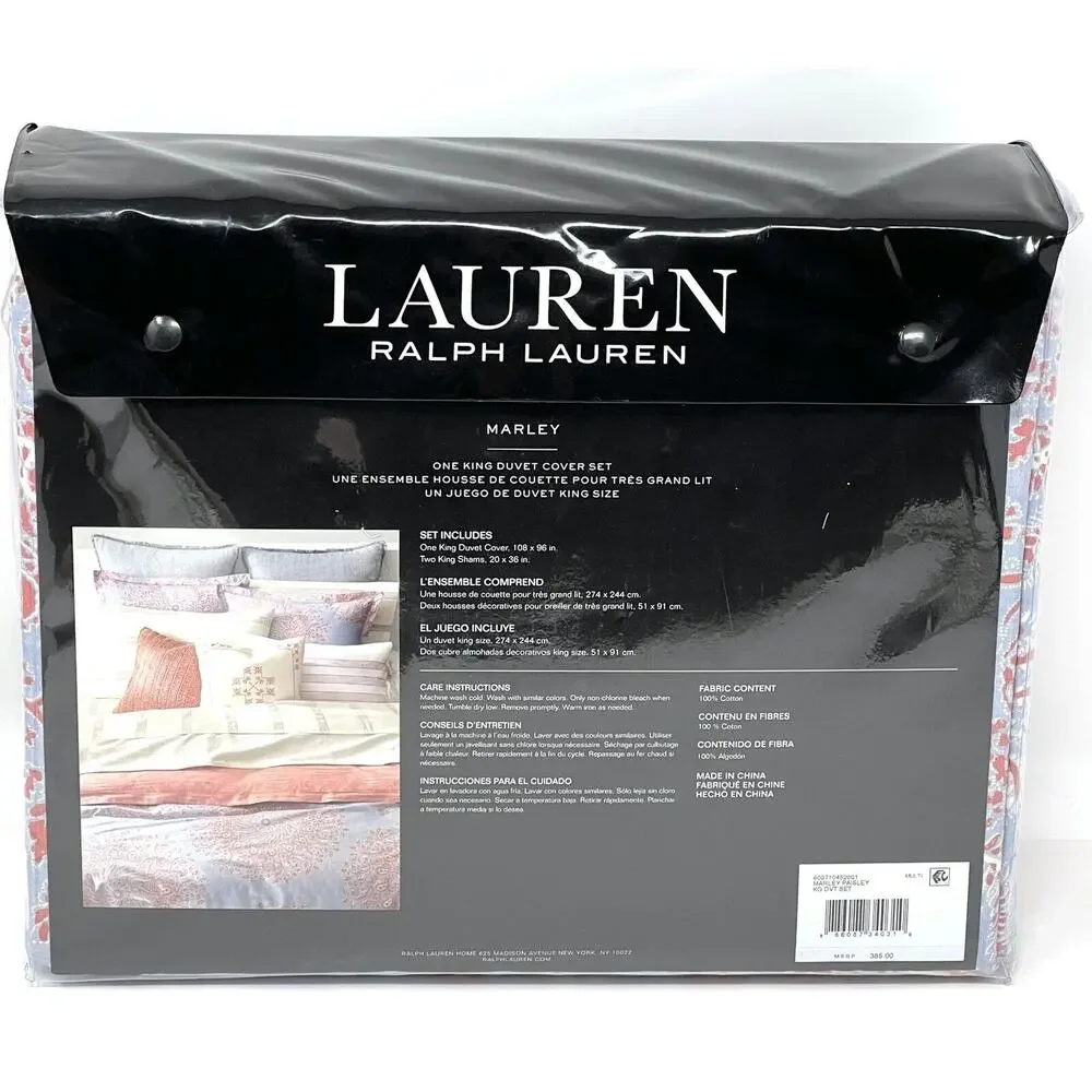 Ralph Lauren Marley Paisley King Duvet Cover Set Light Blue Coral 3 Piece Set